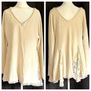 Free People Boho Peasant Top Size XS Cream Lace Insets Raw Edges Oversized Soft